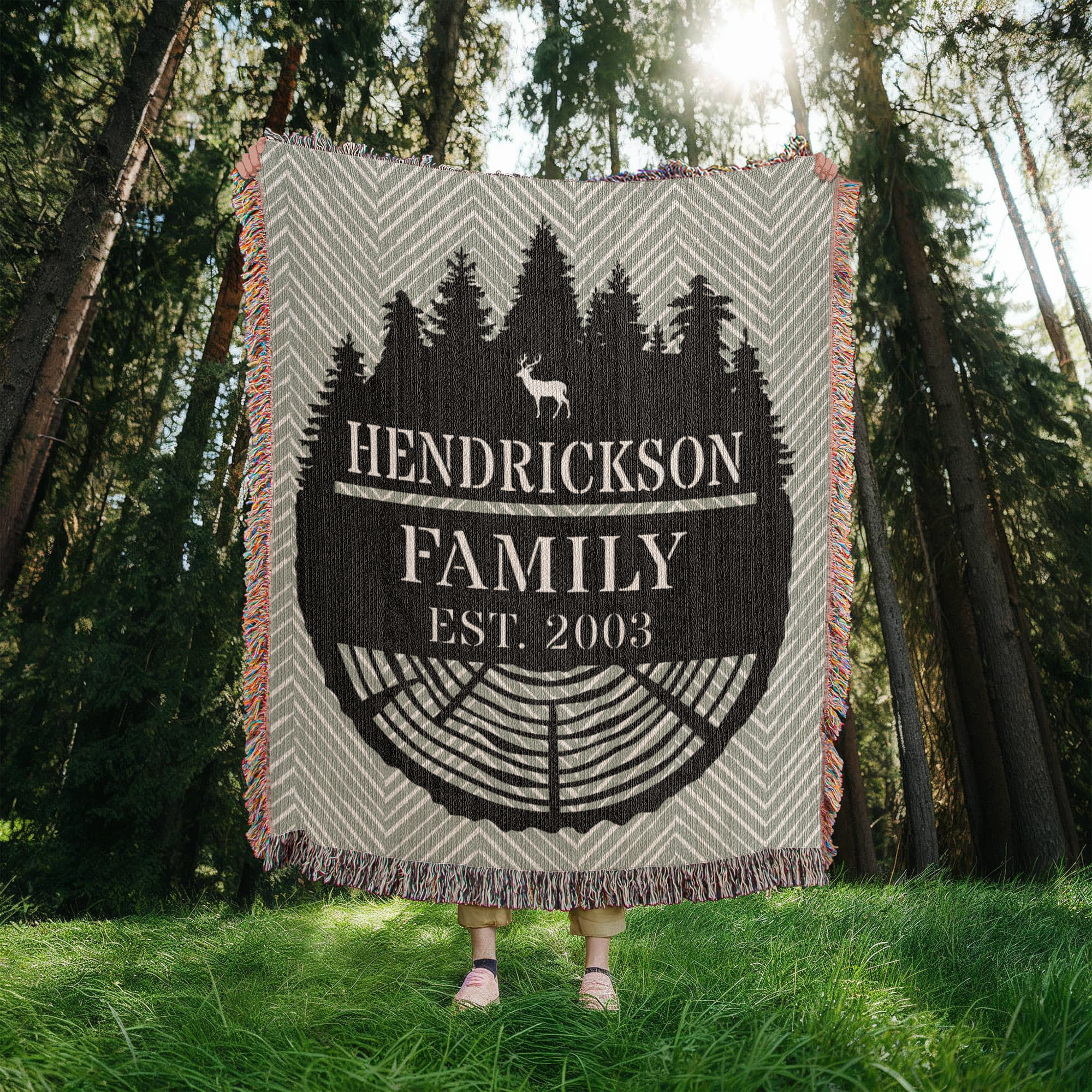 Personalized Tree Rings Family Name Monogram Woven Blanket Throw – Custom Home Gift