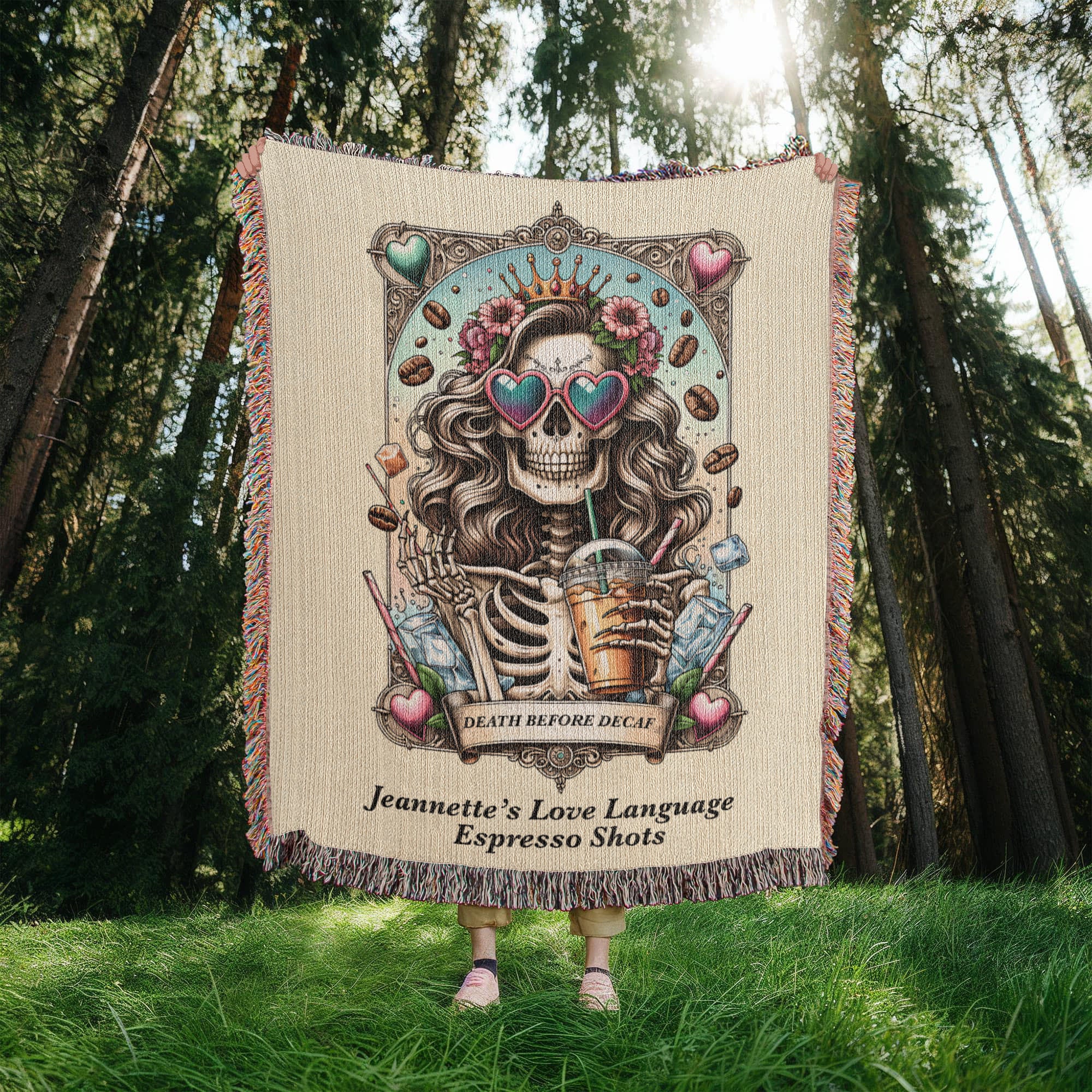 Personalized Death Before Decaf Tarot Card Woven Blanket Custom Coffee Lover Gift Throw
