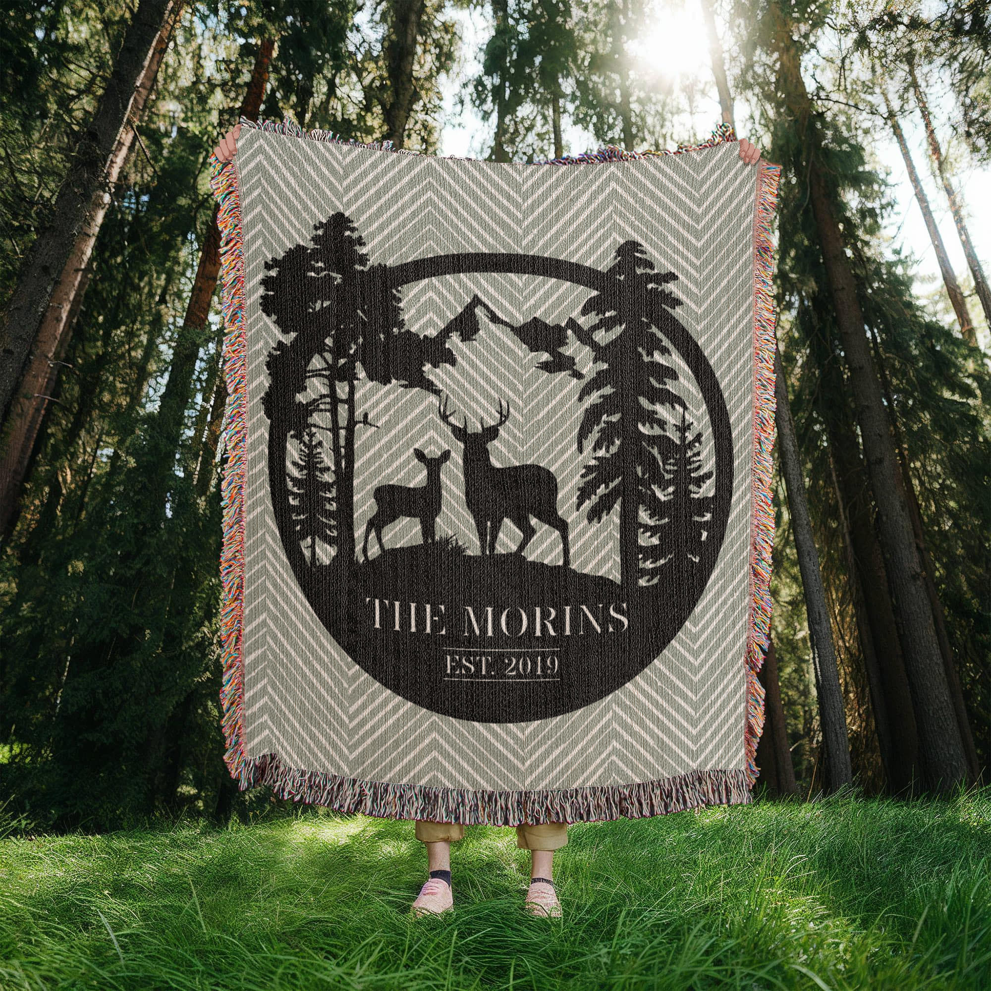 Personalized Deer Mountain Monogram Woven Blanket Throw – Custom Family Name and Year