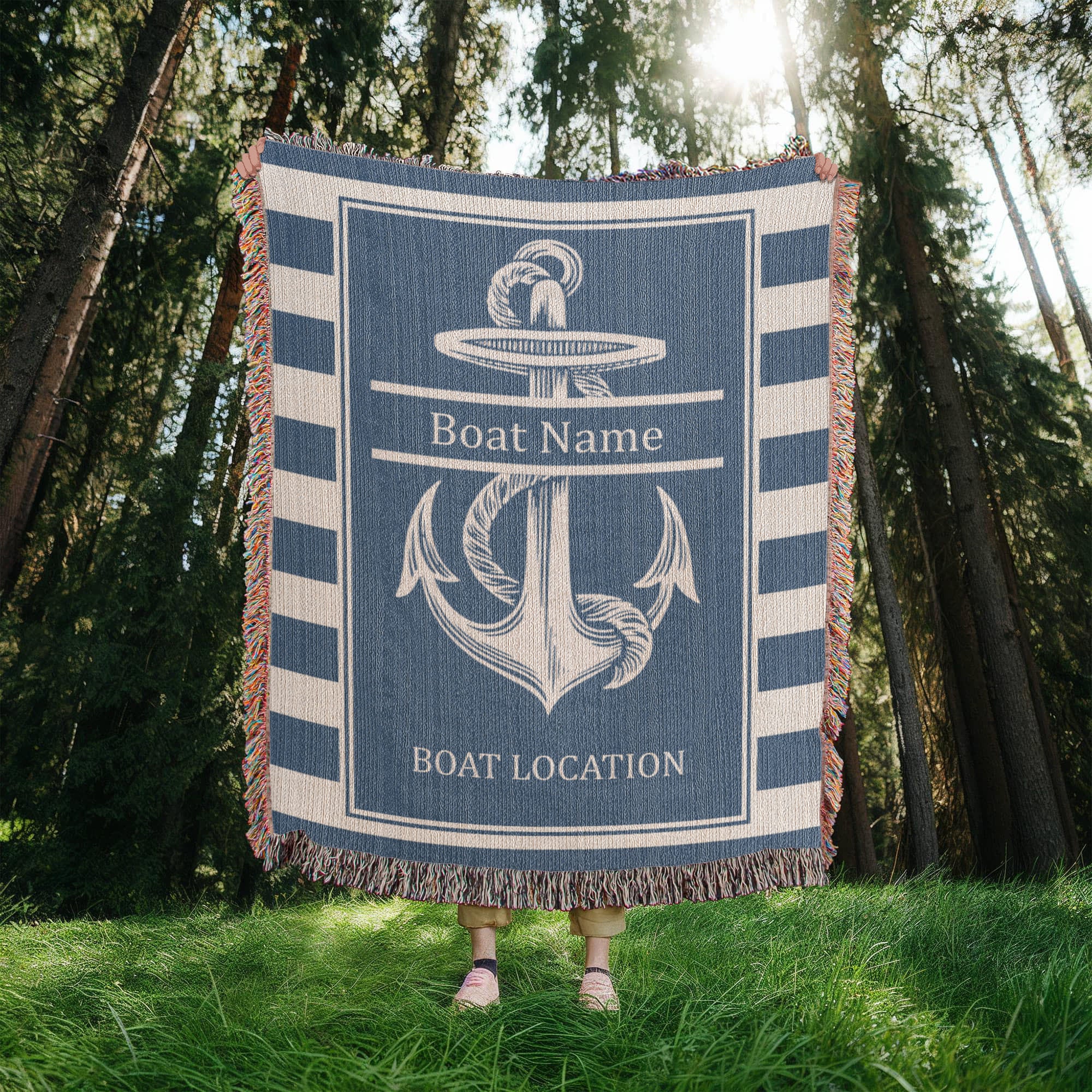 Personalized Anchor Woven Blanket  Custom Boat Name Location Throw