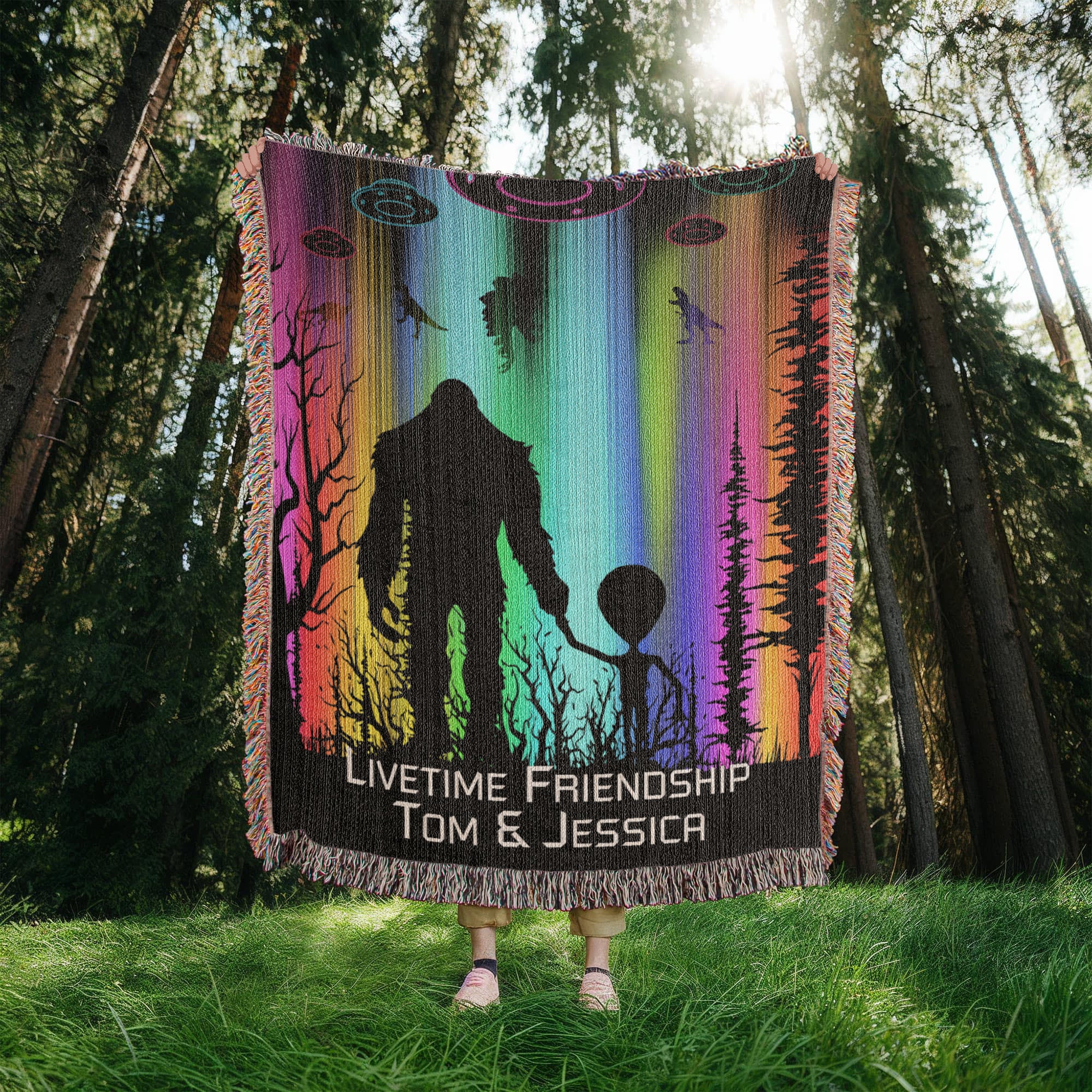 Personalized Bigfoot and Alien Friendship Woven Blanket Custom Gift Throw