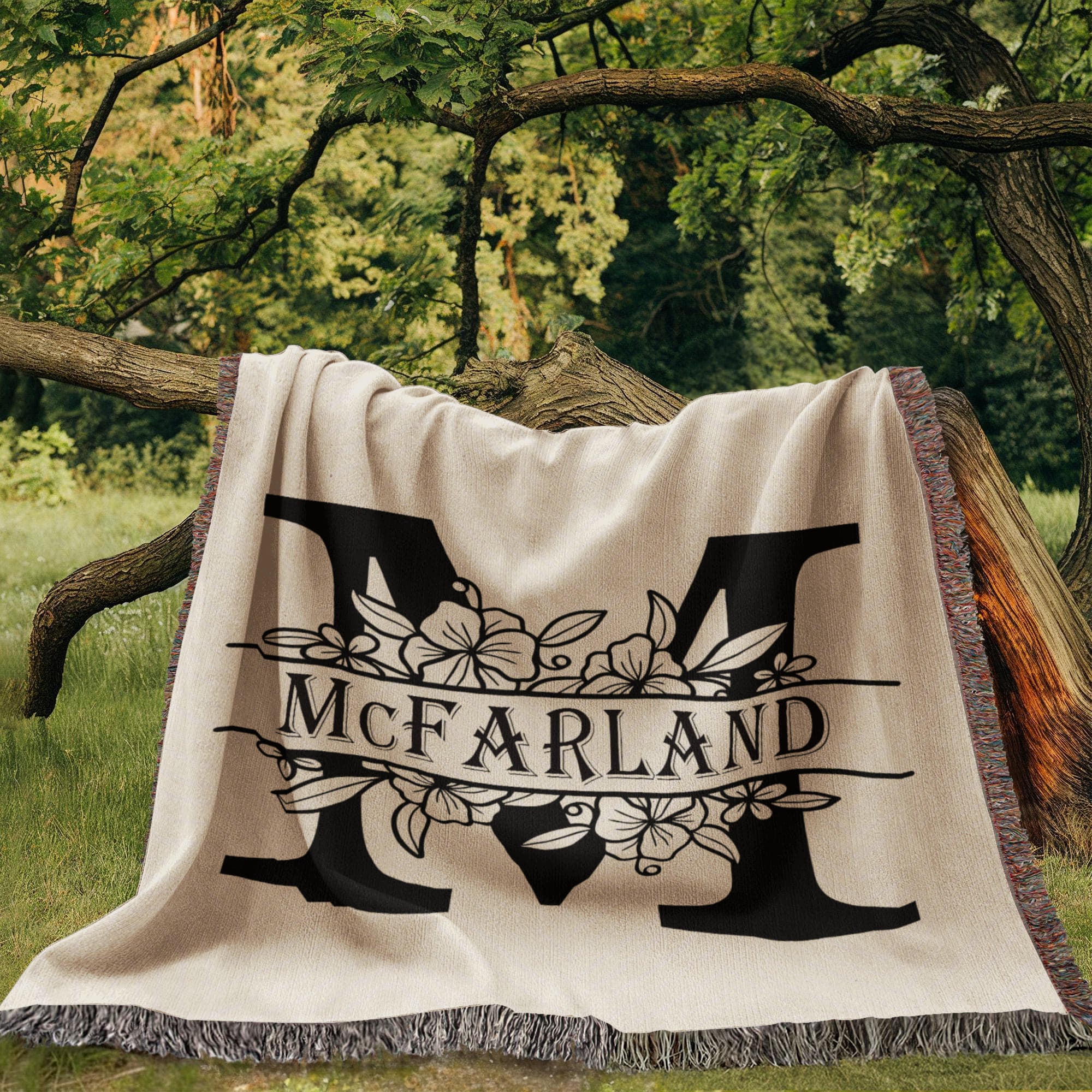 Personalized Floral Monogram Family Name Woven Blanket Throw – Custom Home Gift
