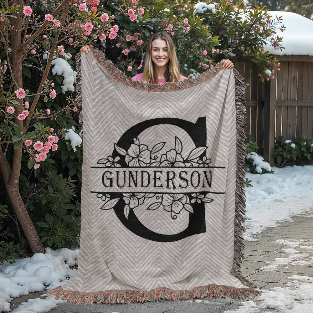 Personalized Floral Monogram Family Name Woven Blanket Throw – Custom Home Gift