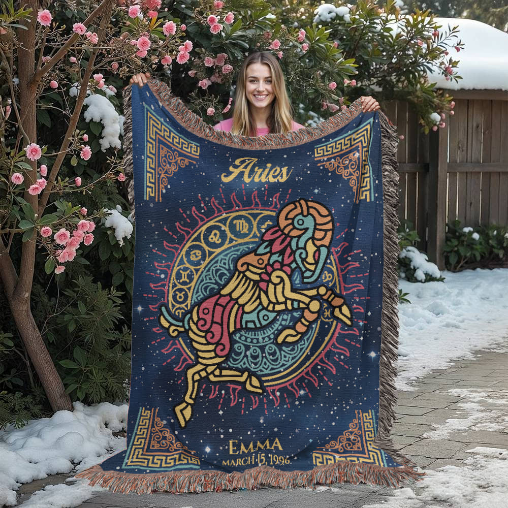 Personalized Aries Zodiac Woven Blanket Astrology Gift Custom Throw