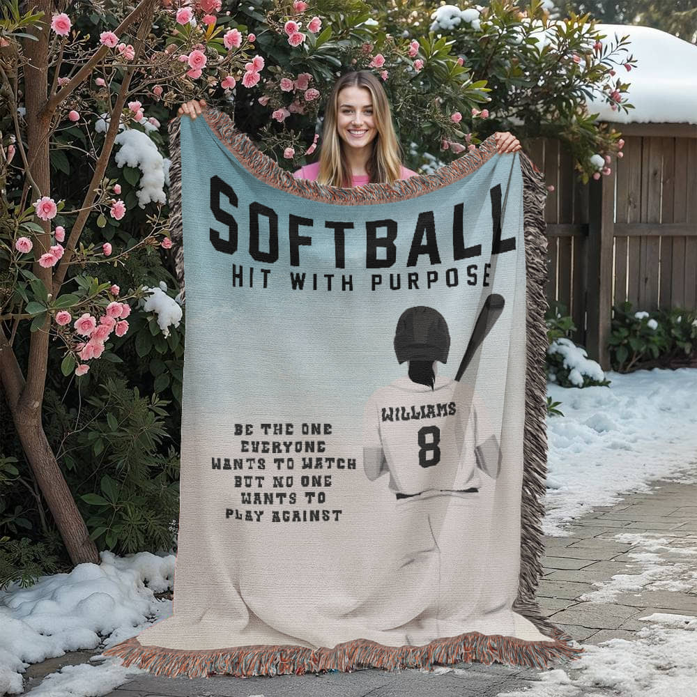 Personalized Girls Softball Woven Blanket Custom Softball Gift Throw