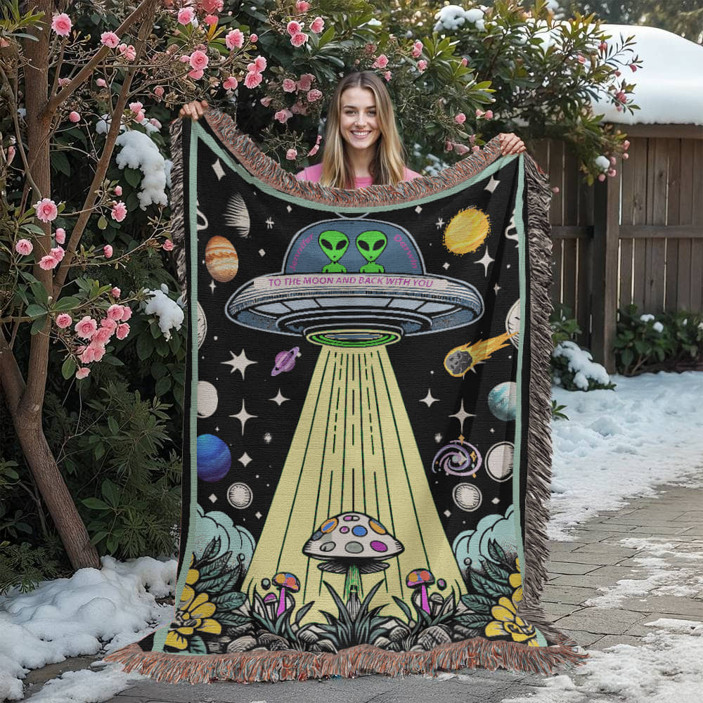 Personalized Alien Couple UFO Woven Blanket Custom Space Gift Throw