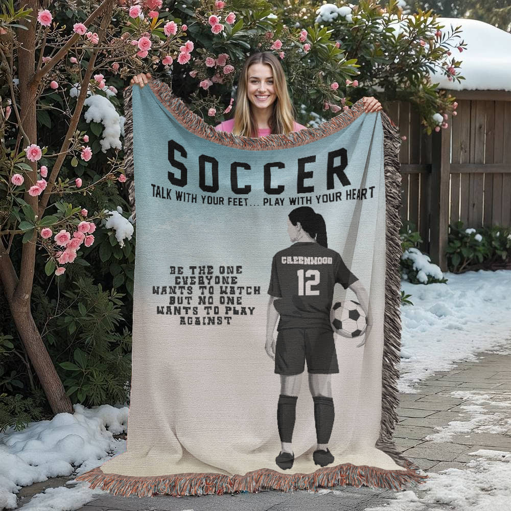 Personalized Girls Soccer Woven Blanket Custom Soccer Gift Throw