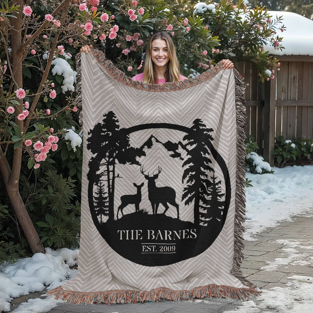 Personalized Deer Mountain Monogram Woven Blanket Throw – Custom Family Name and Year