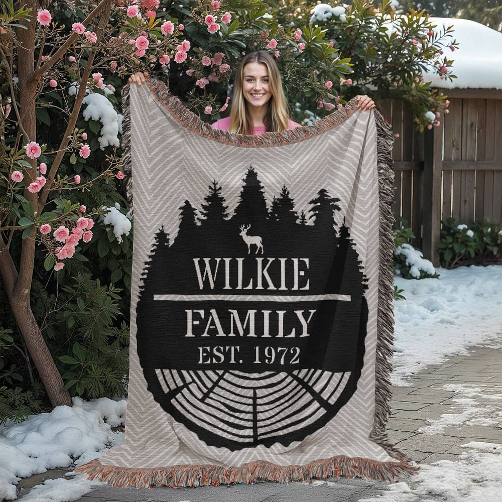 Personalized Tree Rings Family Name Monogram Woven Blanket Throw – Custom Home Gift