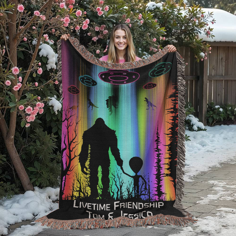 Personalized Bigfoot and Alien Friendship Woven Blanket Custom Gift Throw