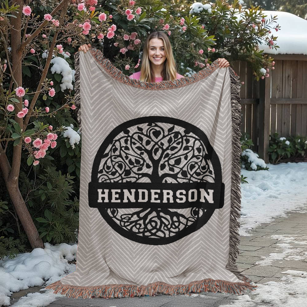 Personalized Family Tree Woven Blanket – Custom Monogram Family Name Throw Gift