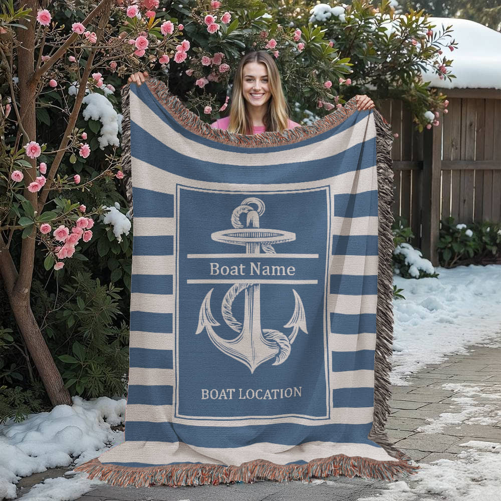 Personalized Anchor Woven Blanket  Custom Boat Name Location Throw