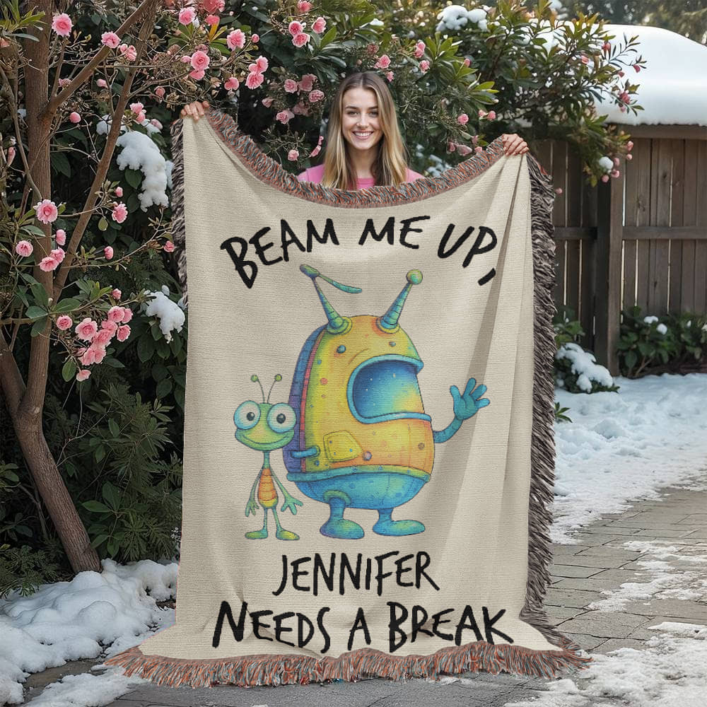 Personalized Alien “Beam Me Up” Woven Blanket Custom Funny Gift Throw
