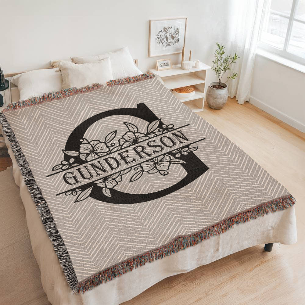 Personalized Floral Monogram Family Name Woven Blanket Throw – Custom Home Gift