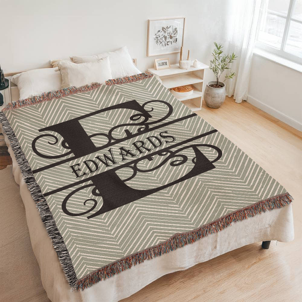 Personalized Swirled Monogram Family Name Woven Blanket Throw – Custom Home Gift