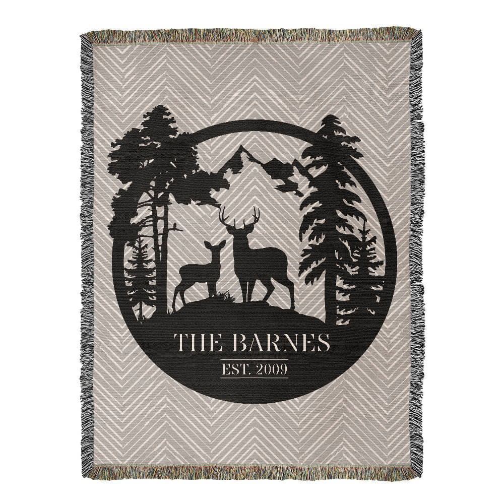 Personalized Deer Mountain Monogram Woven Blanket Throw – Custom Family Name and Year