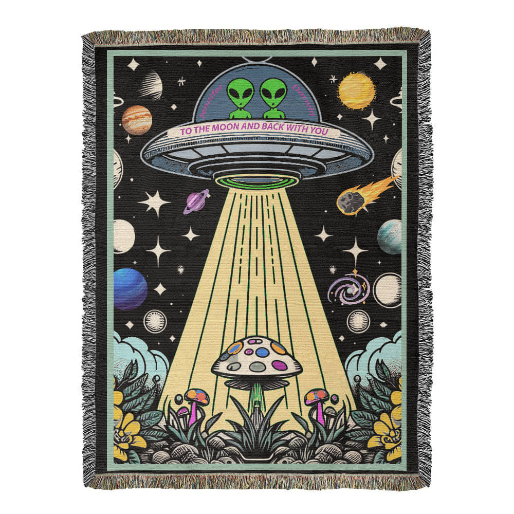 Personalized Alien Couple UFO Woven Blanket Custom Space Gift Throw