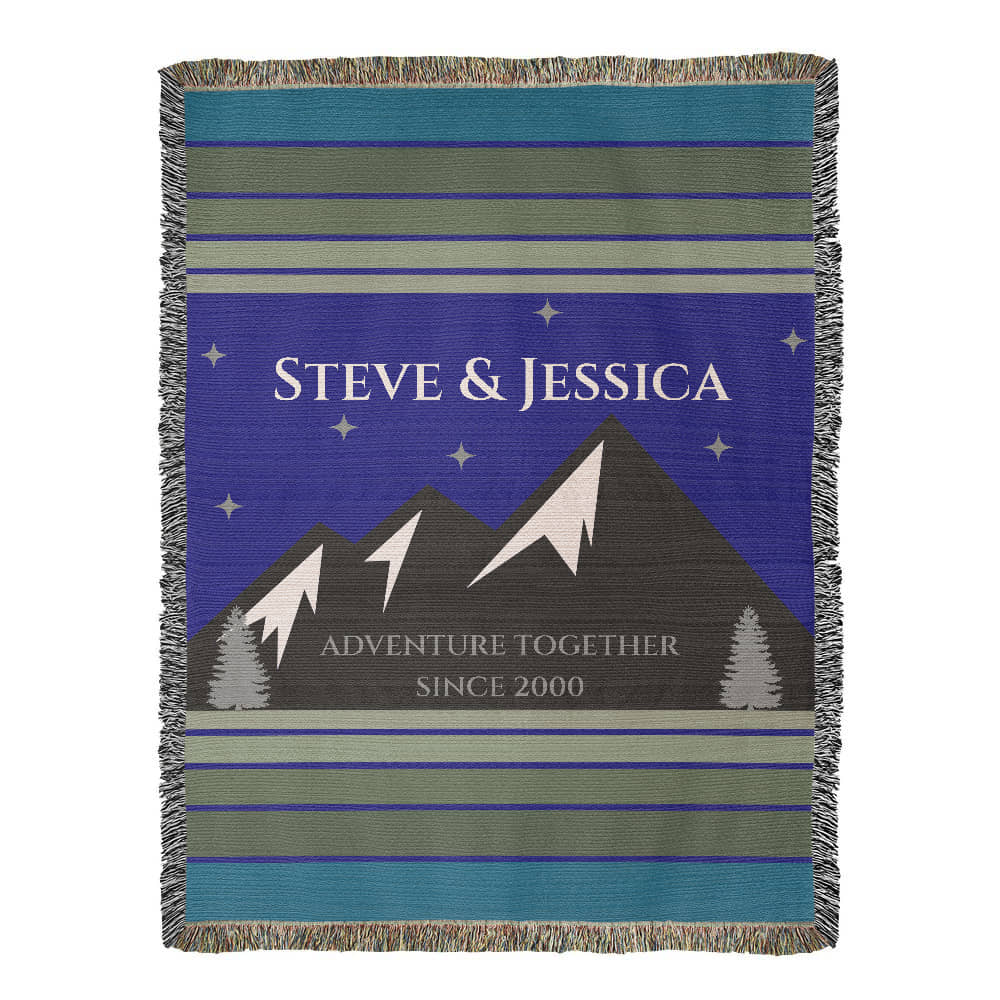 Personalized Mountain Adventure Woven Blanket Custom Couples Camping Gift Throw