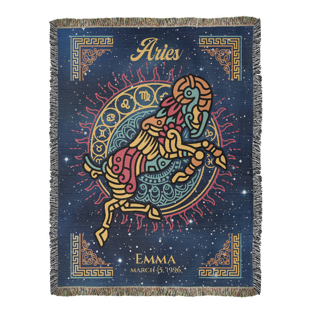 Personalized Aries Zodiac Woven Blanket Astrology Gift Custom Throw