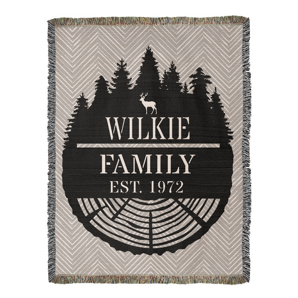 Personalized Tree Rings Family Name Monogram Woven Blanket Throw – Custom Home Gift