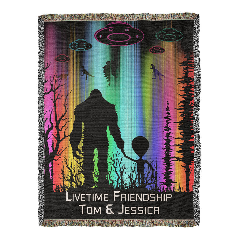 Personalized Bigfoot and Alien Friendship Woven Blanket Custom Gift Throw