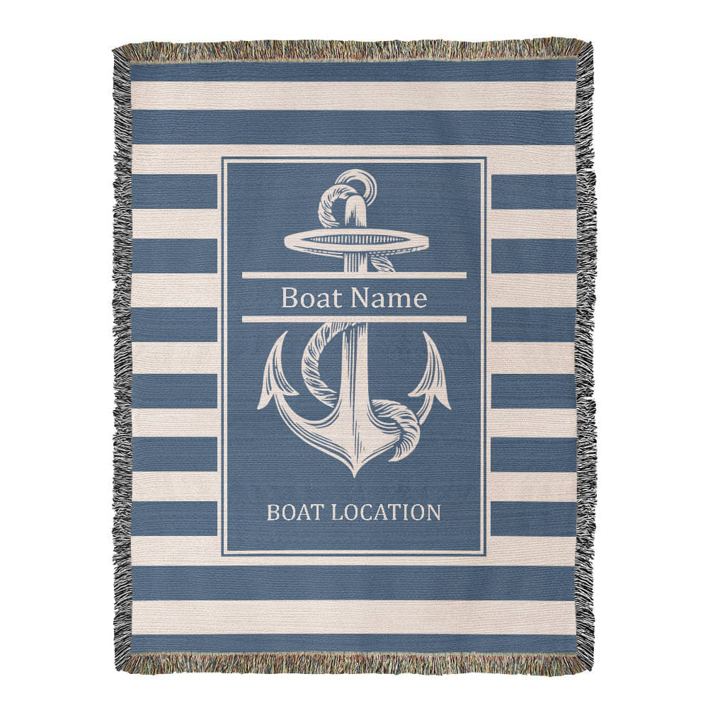 Personalized Anchor Woven Blanket  Custom Boat Name Location Throw