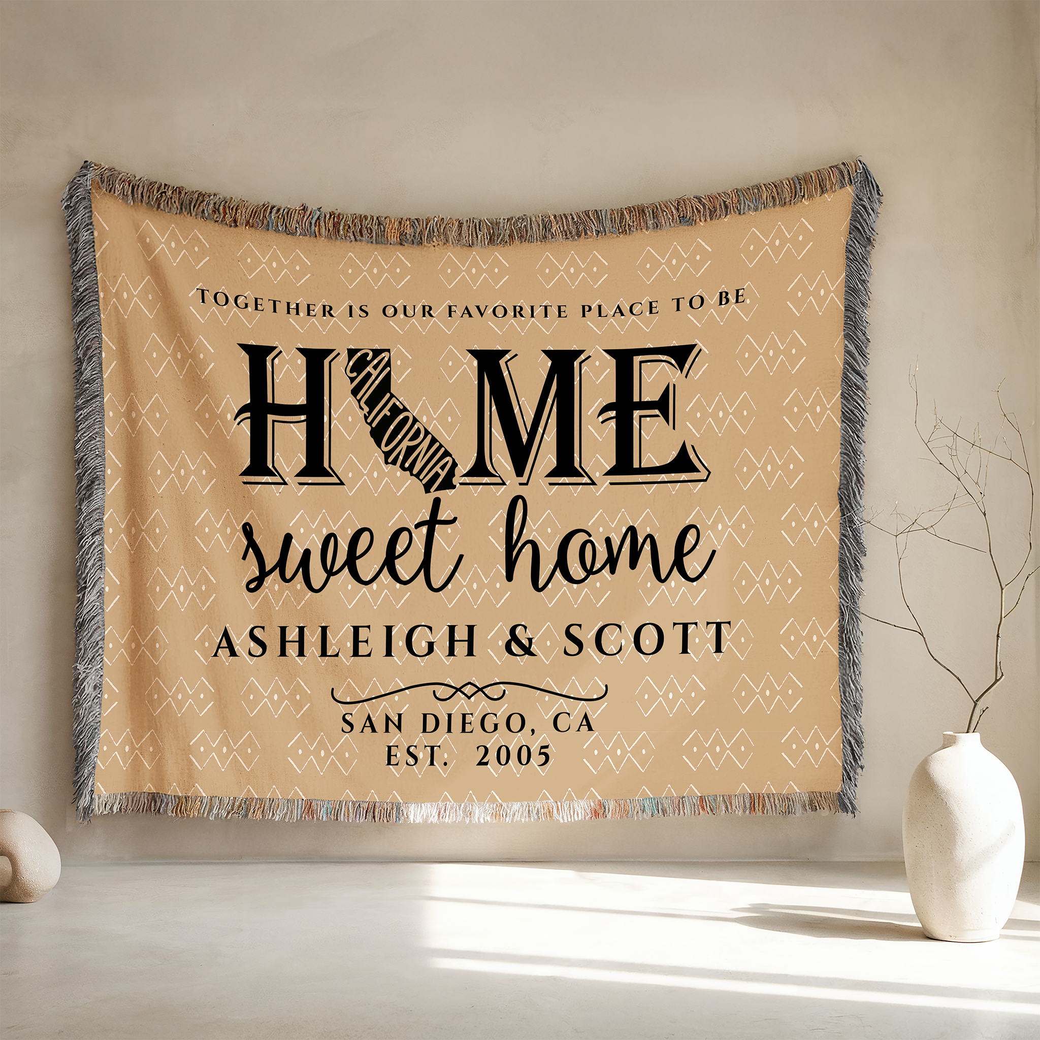 Personalized California Woven Blanket – Custom Home State Throw with Name & Location