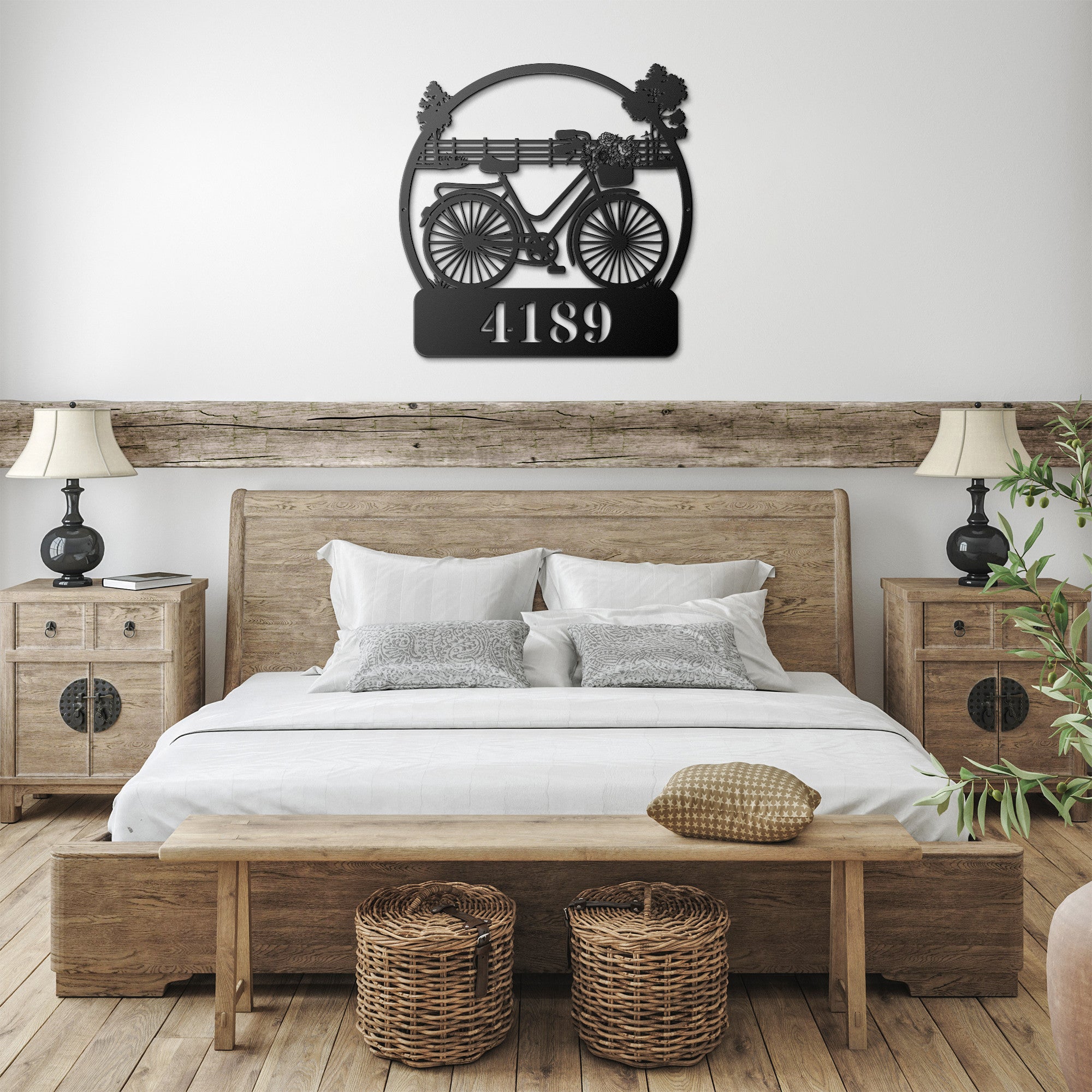 Bicycle Flower Basket Personalized Home Address Metal Wall Art Decor