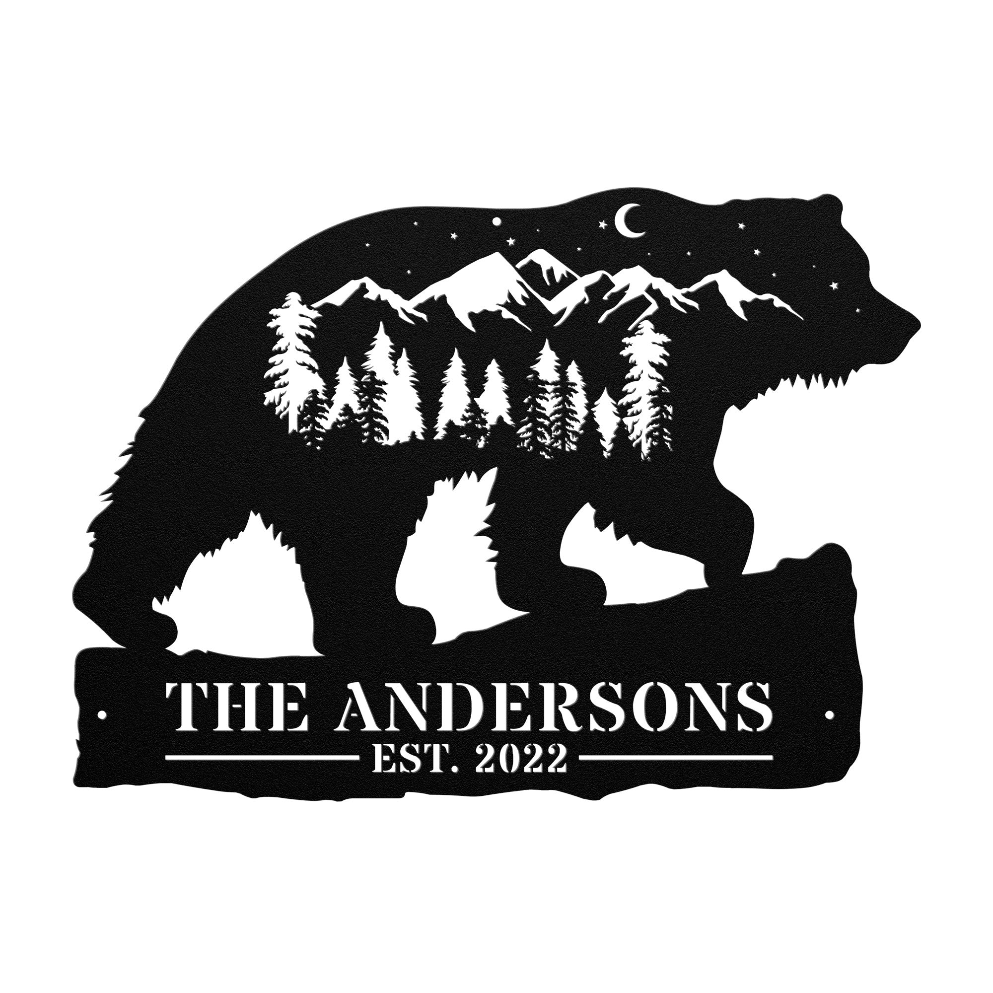 Custom Bear and Mountains Landscape Metal Wall Art. Personalized with your Custom text. Bear Name Sign Decoration For your home or business and a perfect gift.
