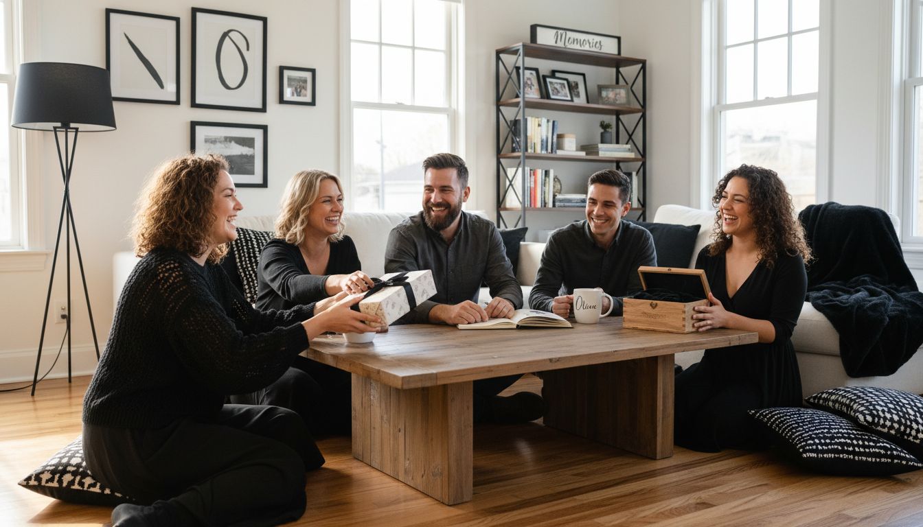 Friends exchanging custom gifts in cozy room