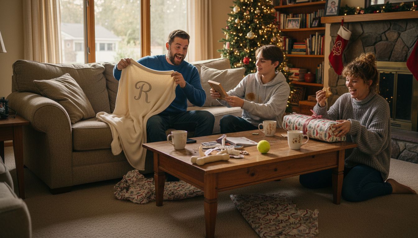 Family opening personalized gifts in living room