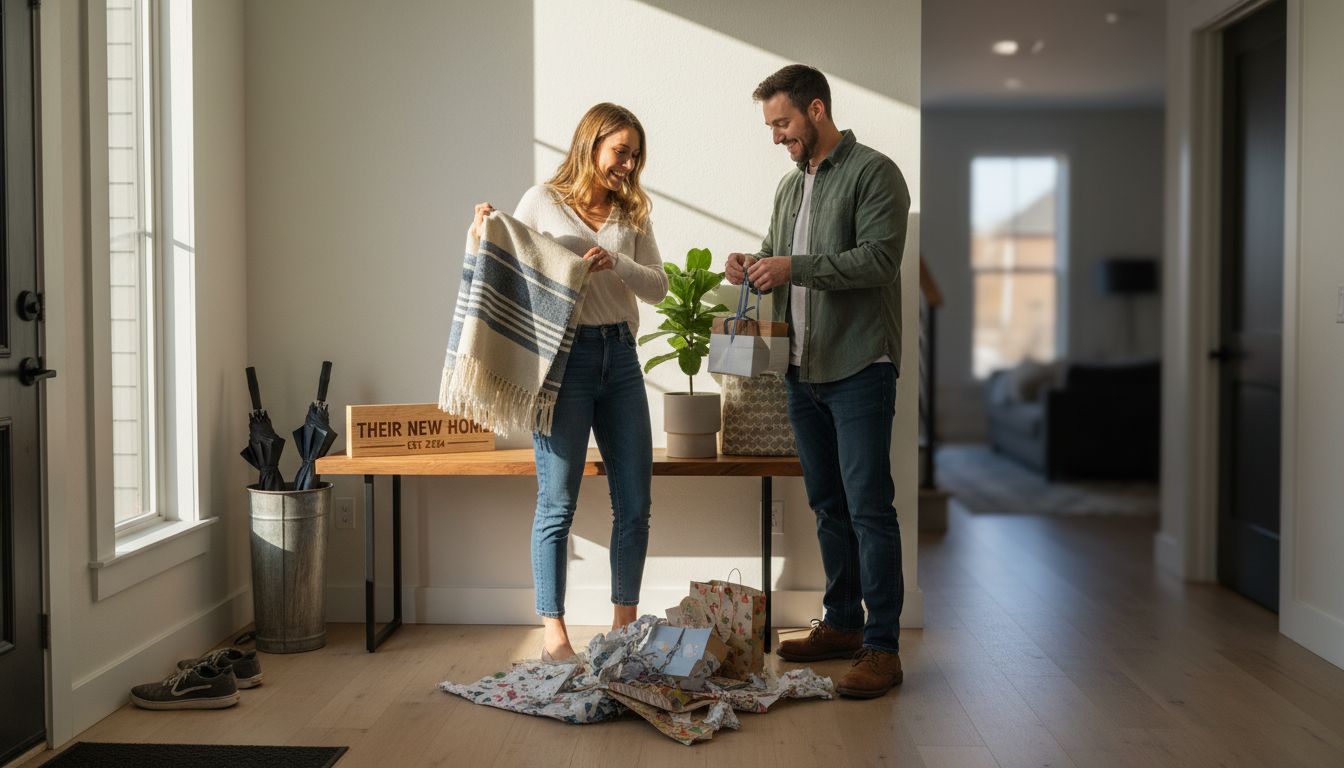 Couple unwrapping housewarming gifts in modern entryway