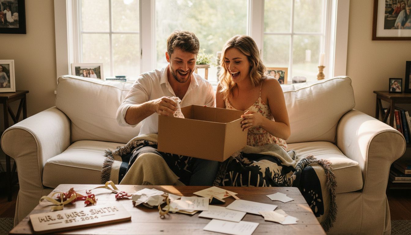 Newlywed couple unwrapping wedding gifts
