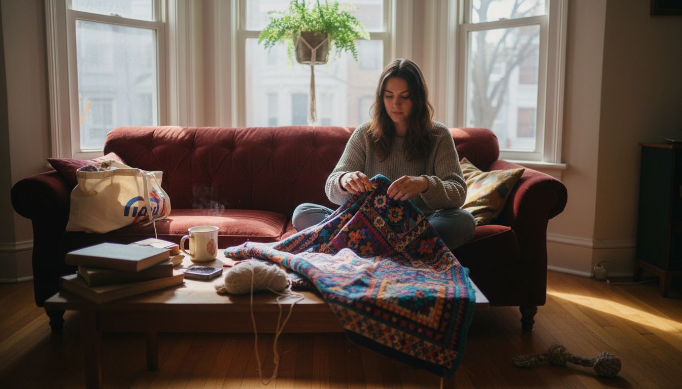 Woman folding blanket in lived-in living room
