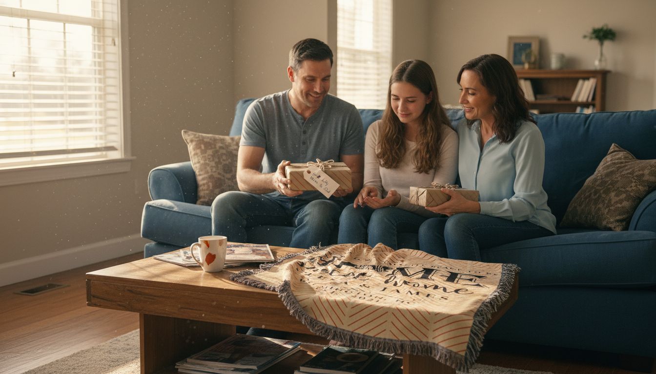 Family exchanging meaningful personalized gifts