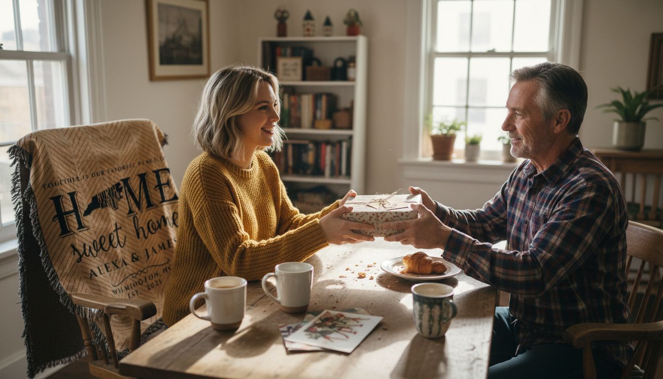 Friends exchange gifts at sunlit kitchen table