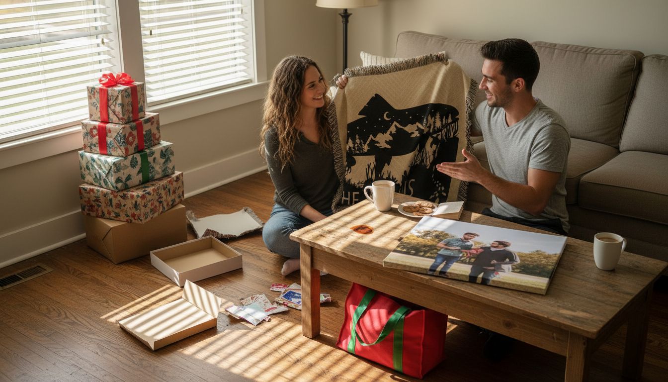 Couple opening personalized gifts in sunlit living room