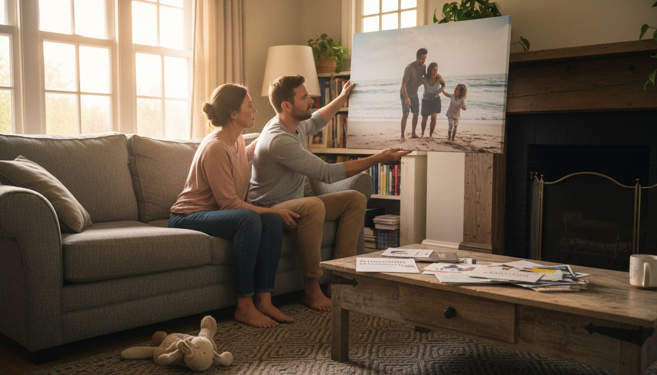 Couple hanging custom art in cozy living room