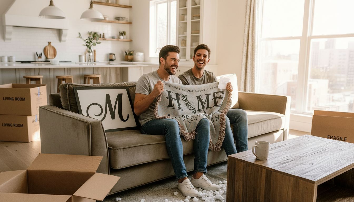 Couple unboxing new home gifts in living room