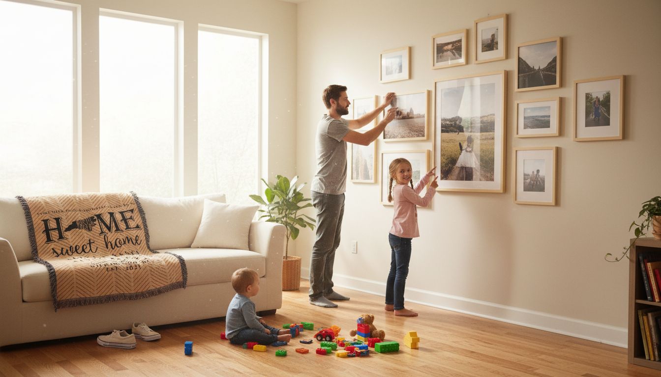 Family arranging framed photos in living room
