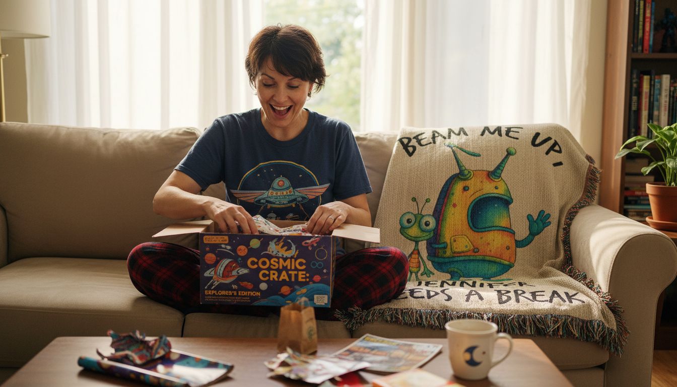 Mom unwrapping sci-fi themed gift on couch