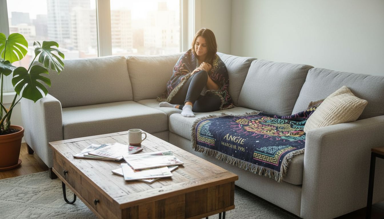 Woman with personalized horoscope blanket on sofa