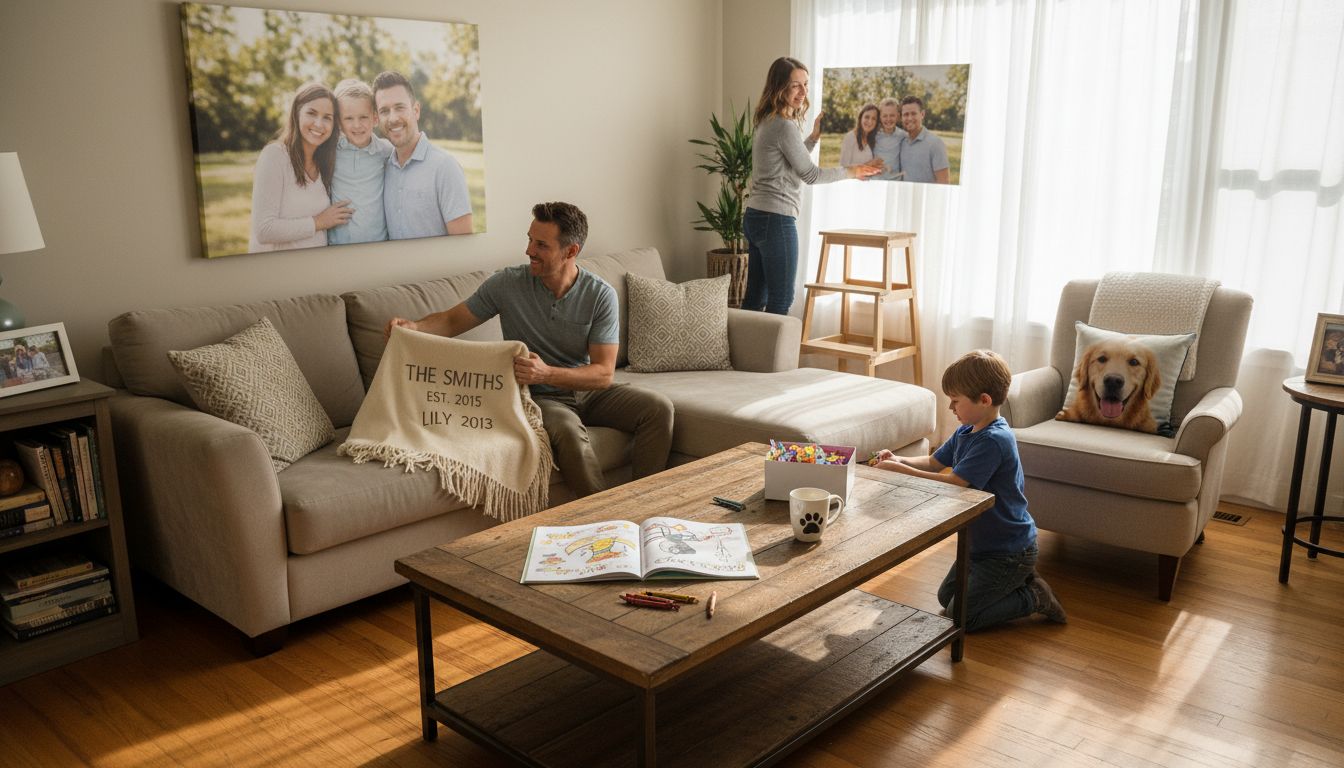 Family displaying personalized home decor in living room