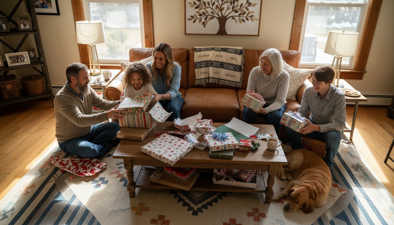 Family exchanging personalized gifts in cozy living room