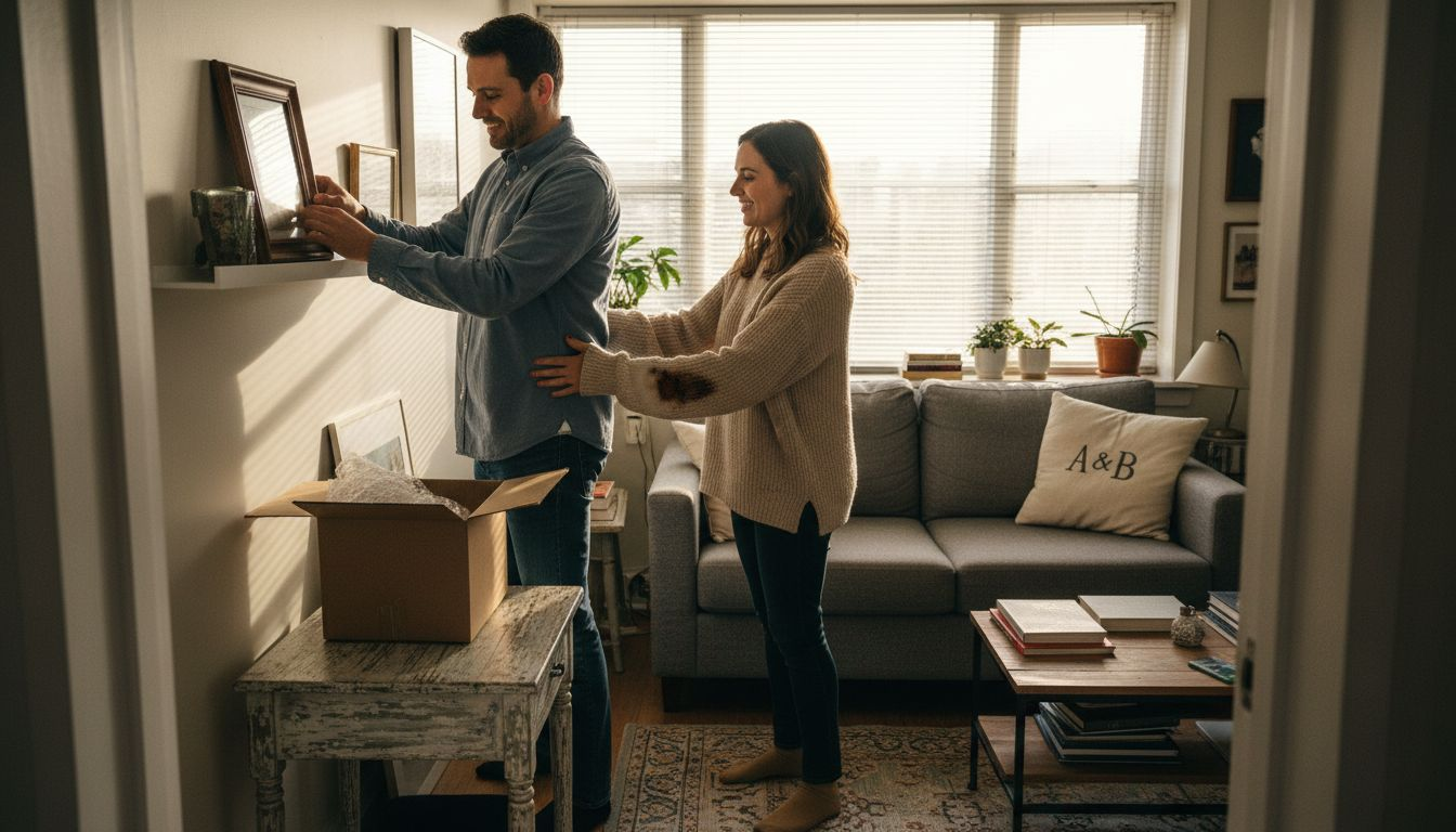 Couple arranging personalized home decor