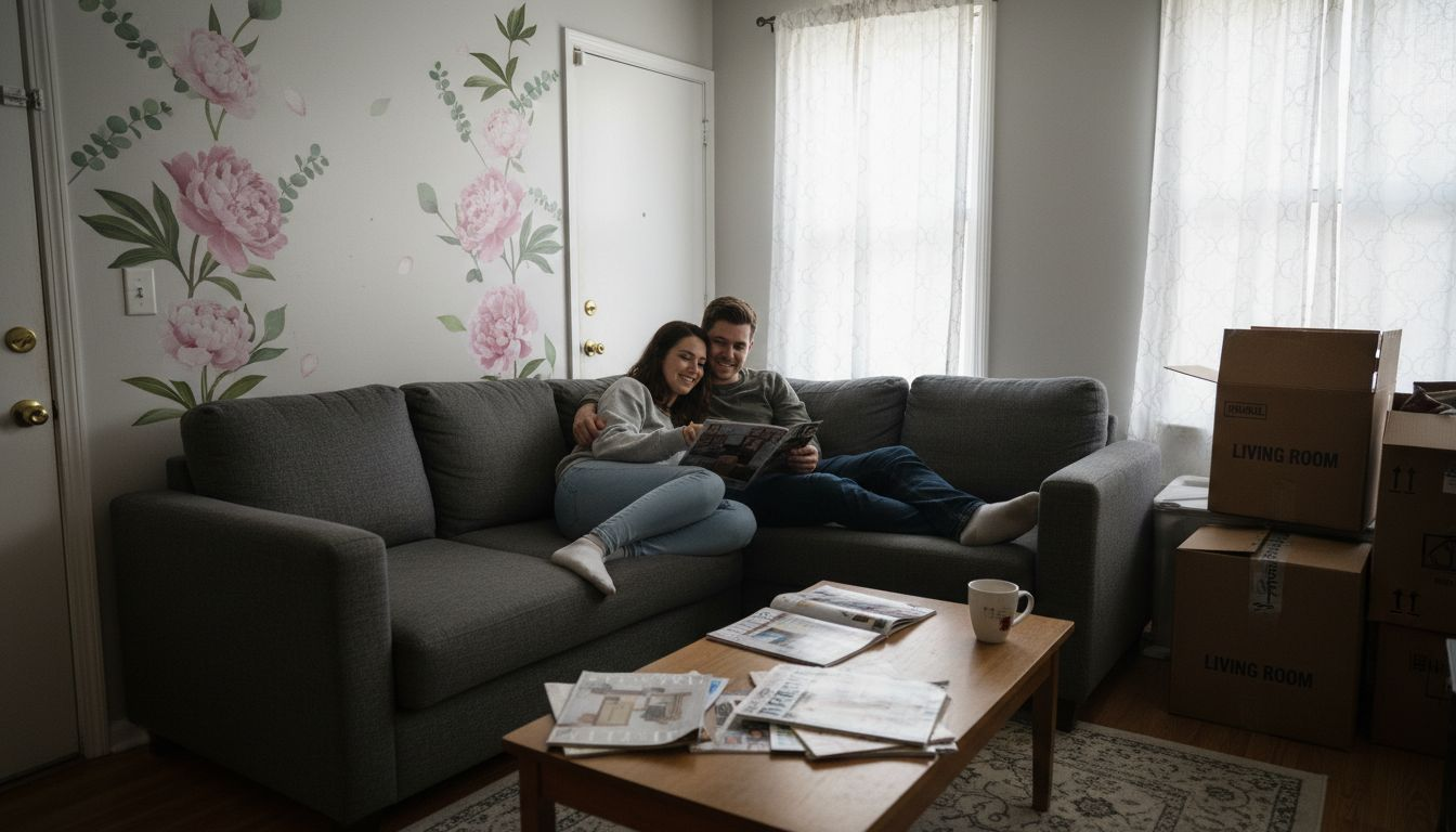 Couple decorating rental living room together