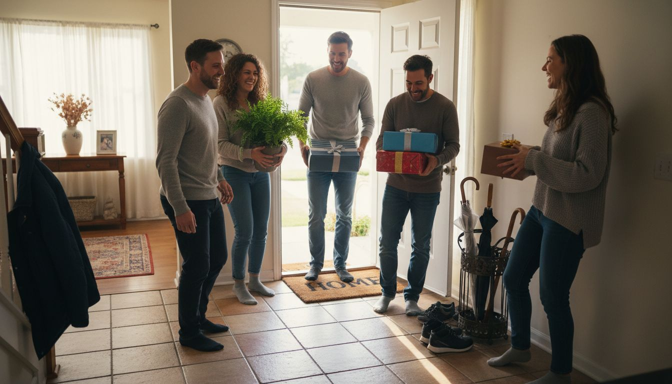 Friends arriving with gifts at house entrance