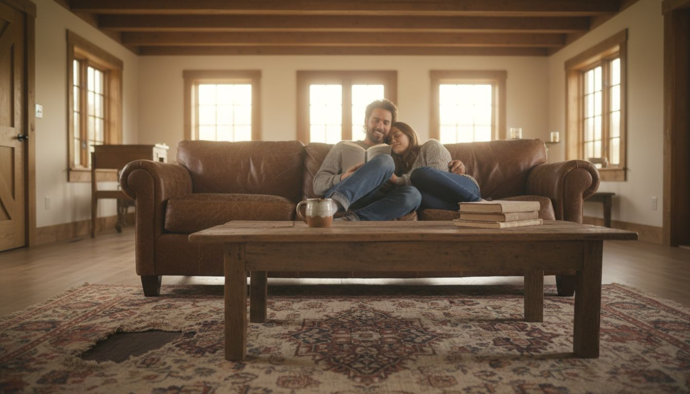 Relaxed couple in rustic farmhouse living room