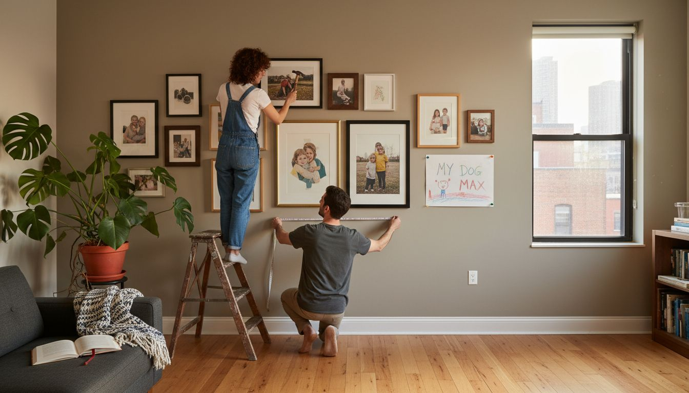 Couple arranging gallery wall in apartment