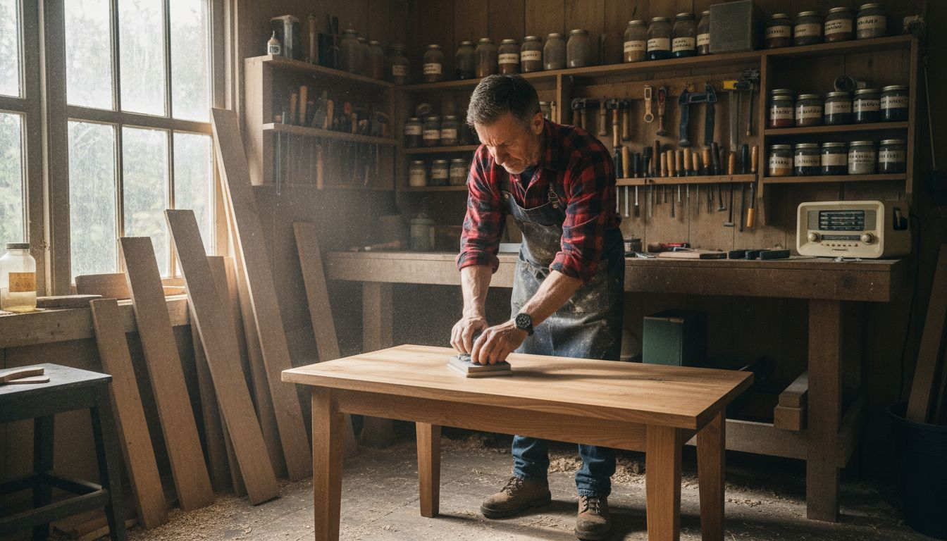 Craftsman working in American woodworking shop